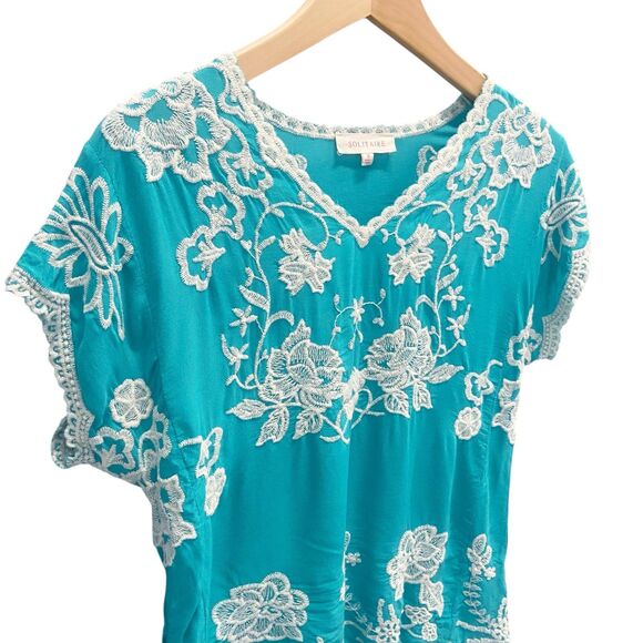 Solitaire Floral Embroidered Festival Boho Chic Turquoise Top Women’s Small - Picture 4 of 11